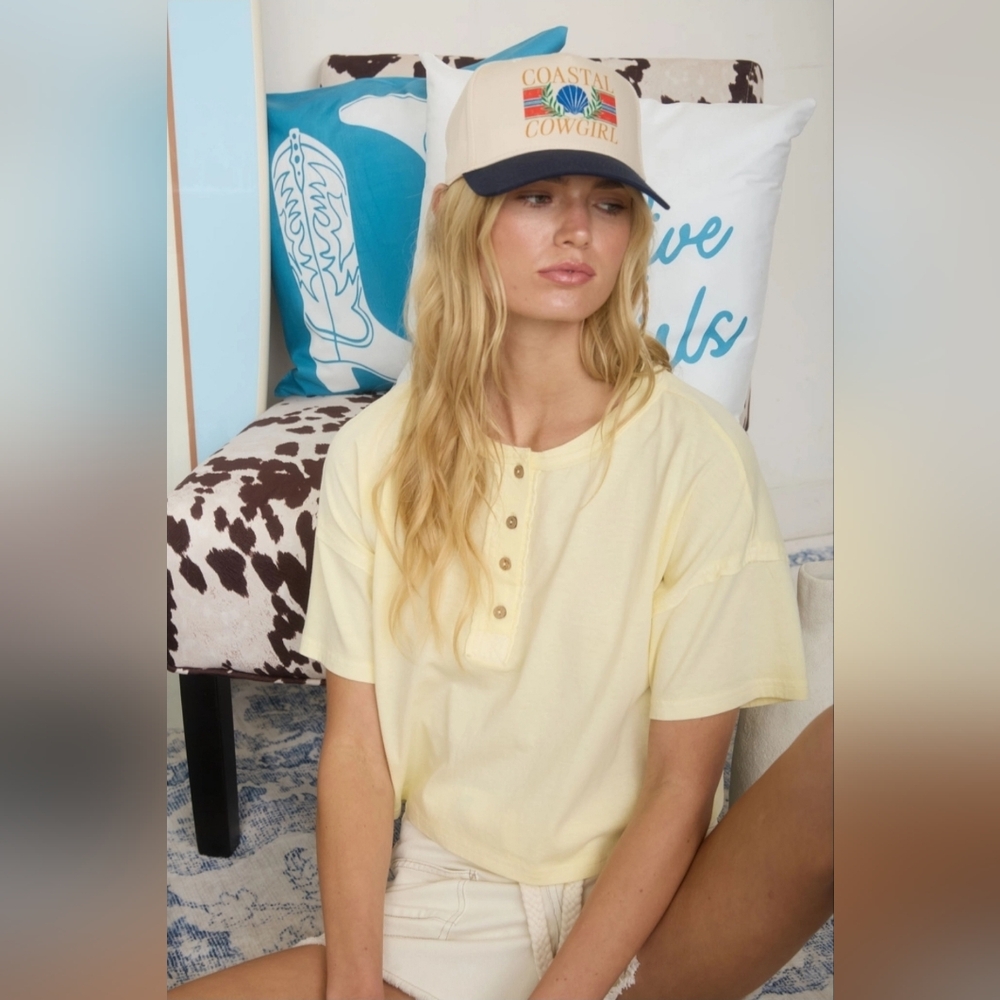 Boxy Short Sleeve Knit Henley Crop Top
